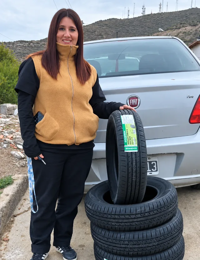 Una clienta con cubiertas junto a su auto