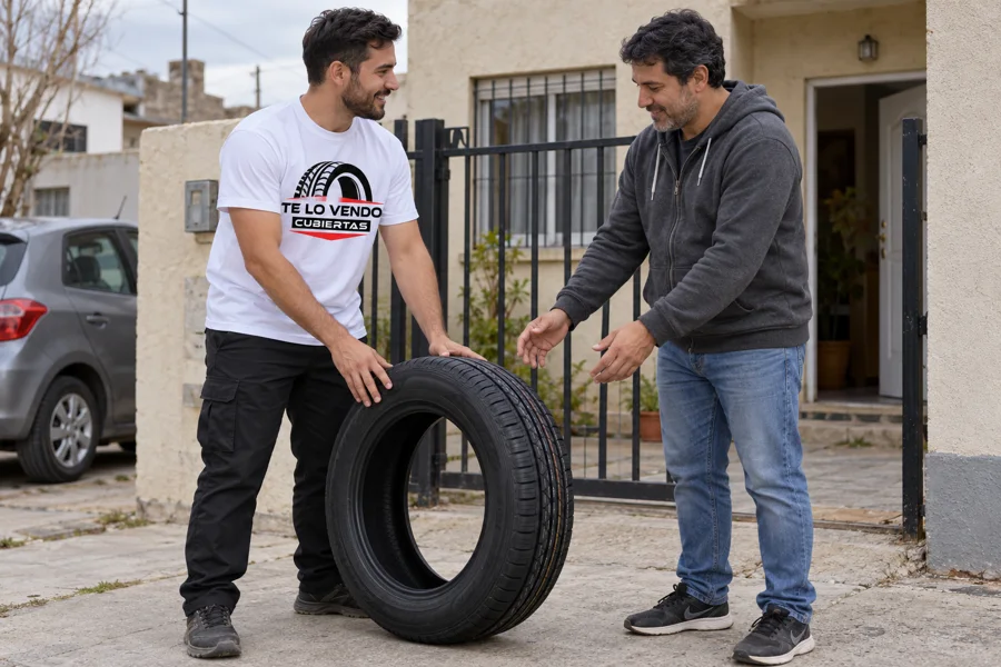 Imagen ilustrativa de una persona con la remera de Te lo vendo cubiertas entregando una cubierta en la entrada de la casa de un cliente